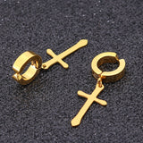 Stainless Steel 1 PC Clip On Non Piercing Earrings For Women Men Black Gold Color Cross Gothic Punk Rock Drop