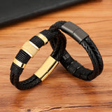 Woven Leather Rope Wrap Classic Stainless Steel Men's Leather Bracelet Double-layer Design