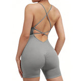Women's Criss Cross Backless Cami Sports Romper Sleeveless Running Workout Yoga Shorts Fitness Jumpsuits