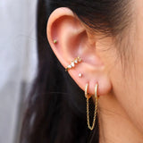 1PC Trendy Stainless Steel Double Pierced Chain Earrings for Women Flower Zircon Piercing Studs Earrings Fashion Jewelry